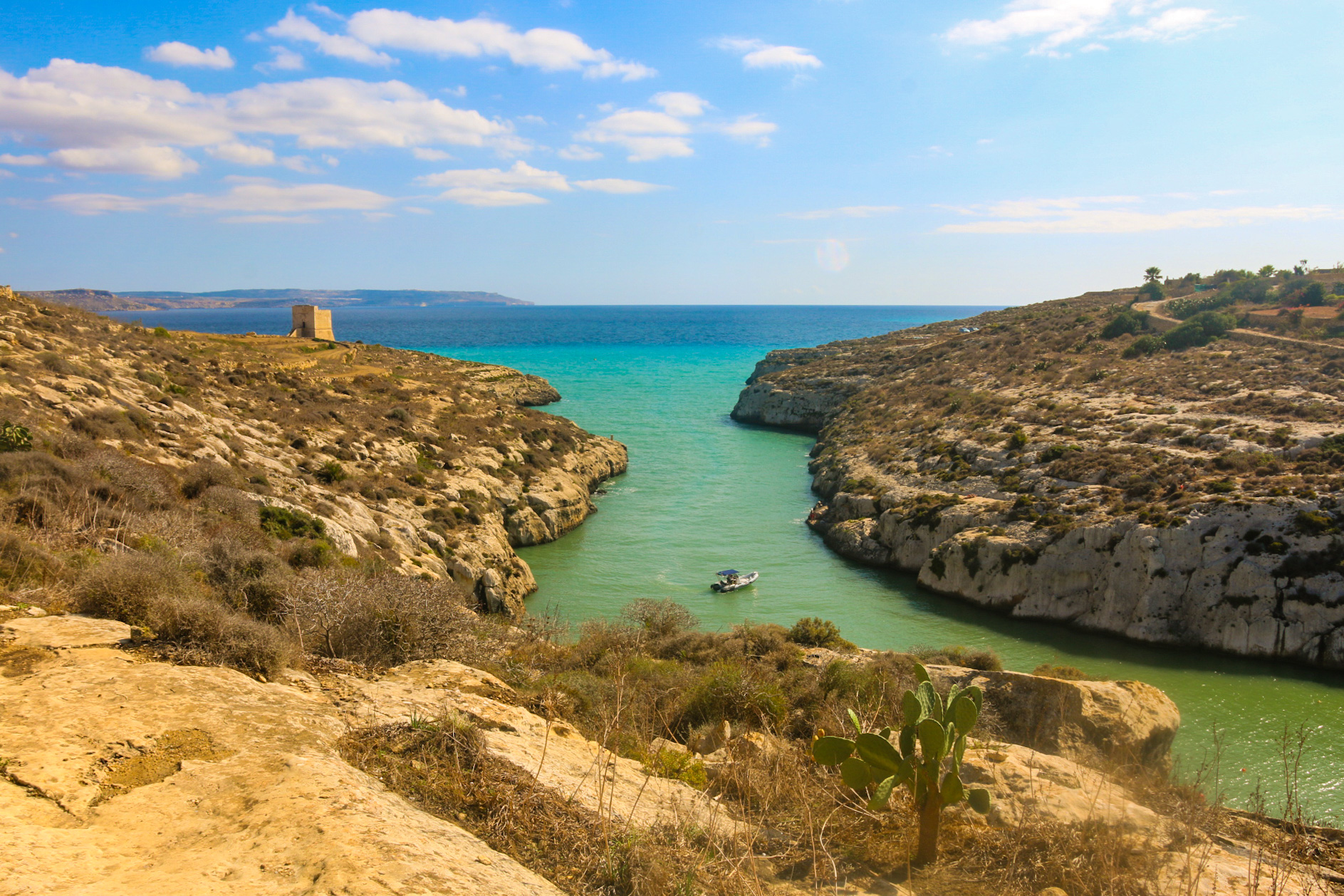 The full panorama of Mgarr ix-Xini from above — the turquoise inlet stretching between limestone cliffs, the watchtower standing guard, and the open Mediterranean beyond