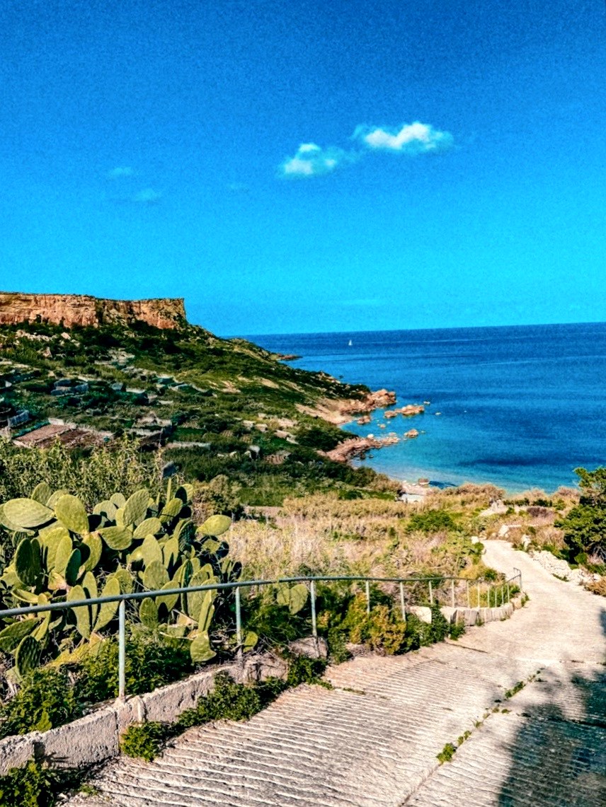 The steep trail down to San Blas Bay in Gozo — prickly pear cactus, a handrail, and turquoise water waiting at the bottom