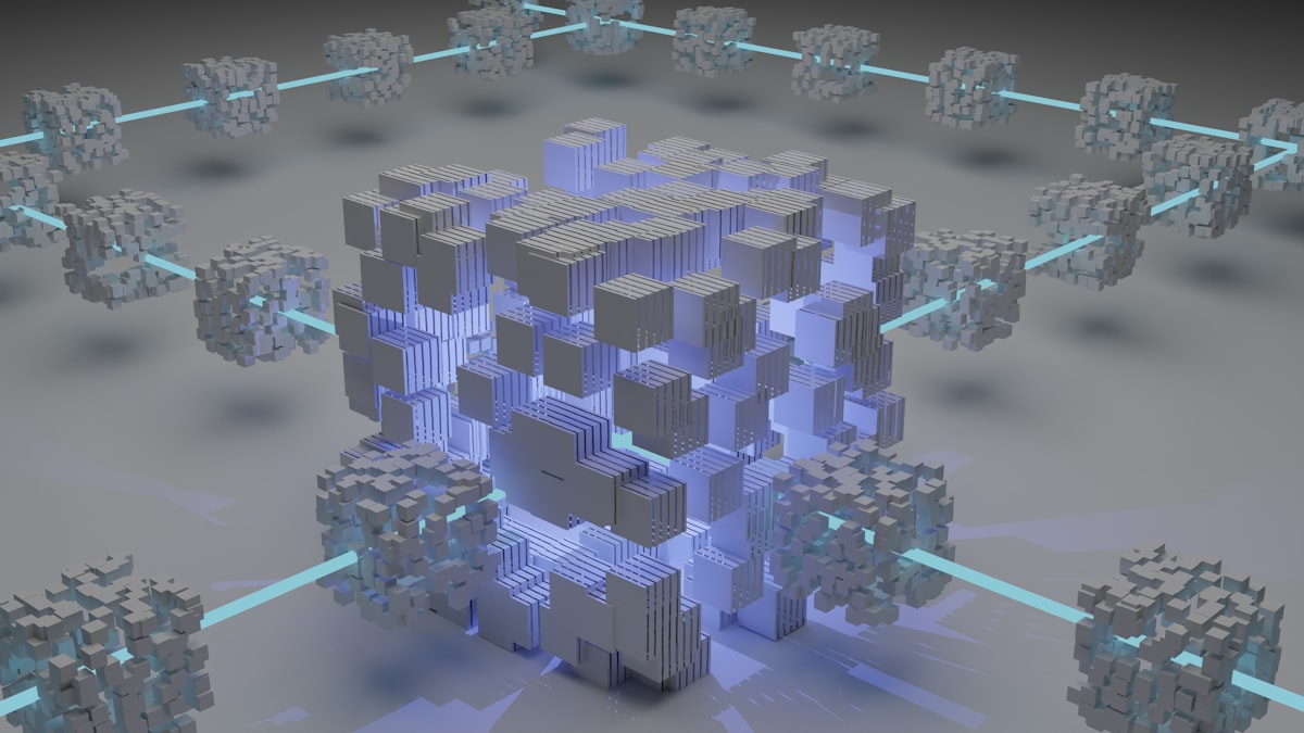 Abstract blockchain network — interconnected data nodes glowing against dark background, the architecture behind the tokens
