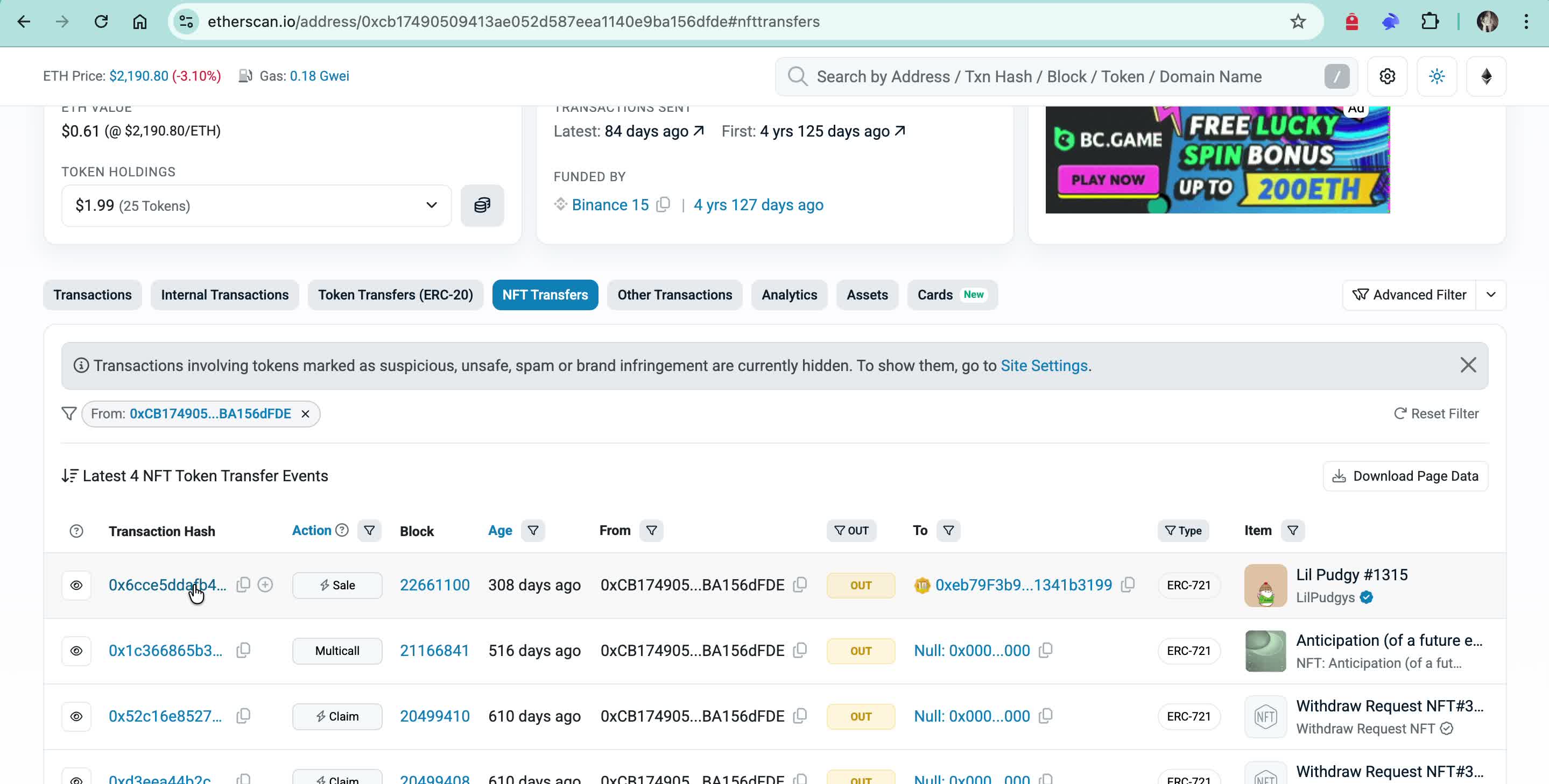 Etherscan NFT Transfers tab showing Lil Pudgy #1315 sale and other NFT token transfers — the on-chain trail