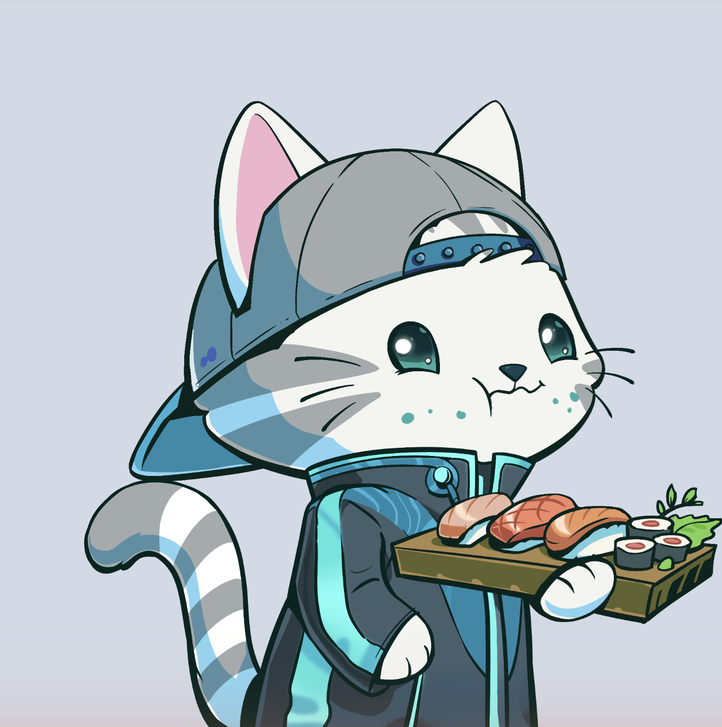Example NFT — a cyber cat holding sushi. The value is whatever two wallets agree it is